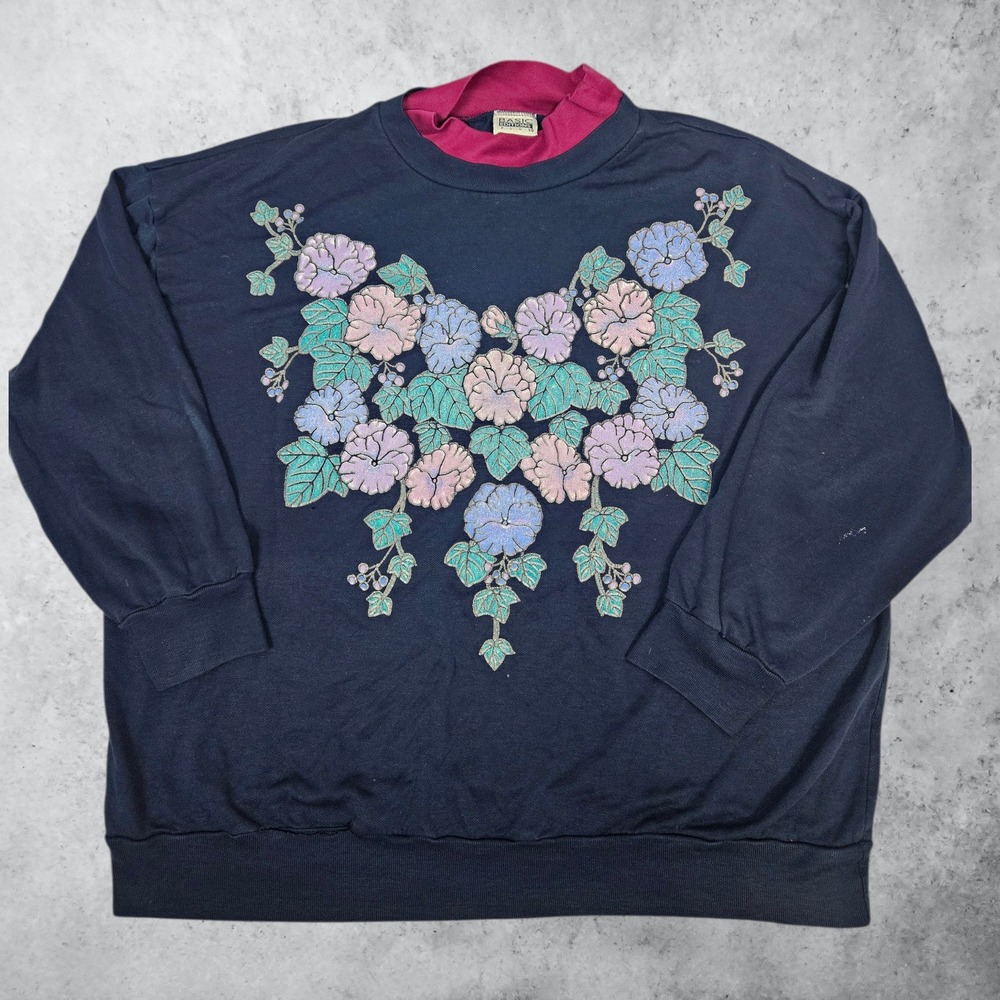 Vintage Basic Editions Plus Floral Pansy Granny Sweatshirt Double Collar 2X A124